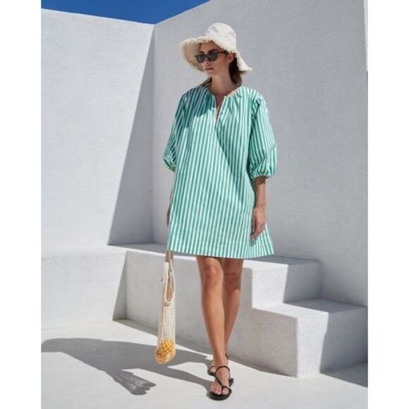 AYR Women’s Kelly Green White Stripe Portofino Poplin Balloon Sleeve Mini Dress - Picture 1 of 11